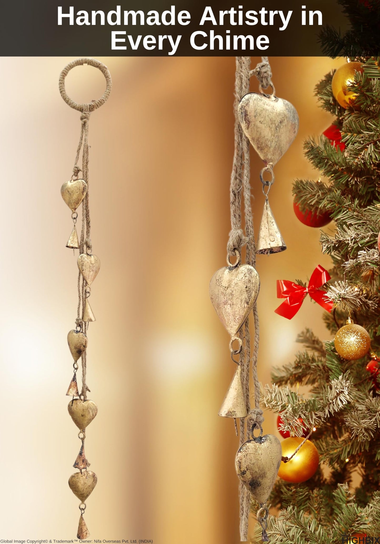 HIGHBIX Shabby Chic Hanging Bells Cluster – Rustic Handmade Metal Bell Décor for Wall, Door, Garden, or Festive Decoration (1, Heart Cone)