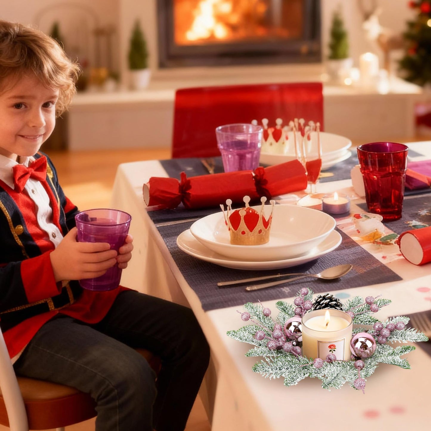 Christmas Candle Rings Wreaths,8" Small Wreaths for Kitchen Cabinet with Balls,Pine Cones,Pine Needles and Berries for Home Christmas Table Centerpiece Decorations (4, Pink)