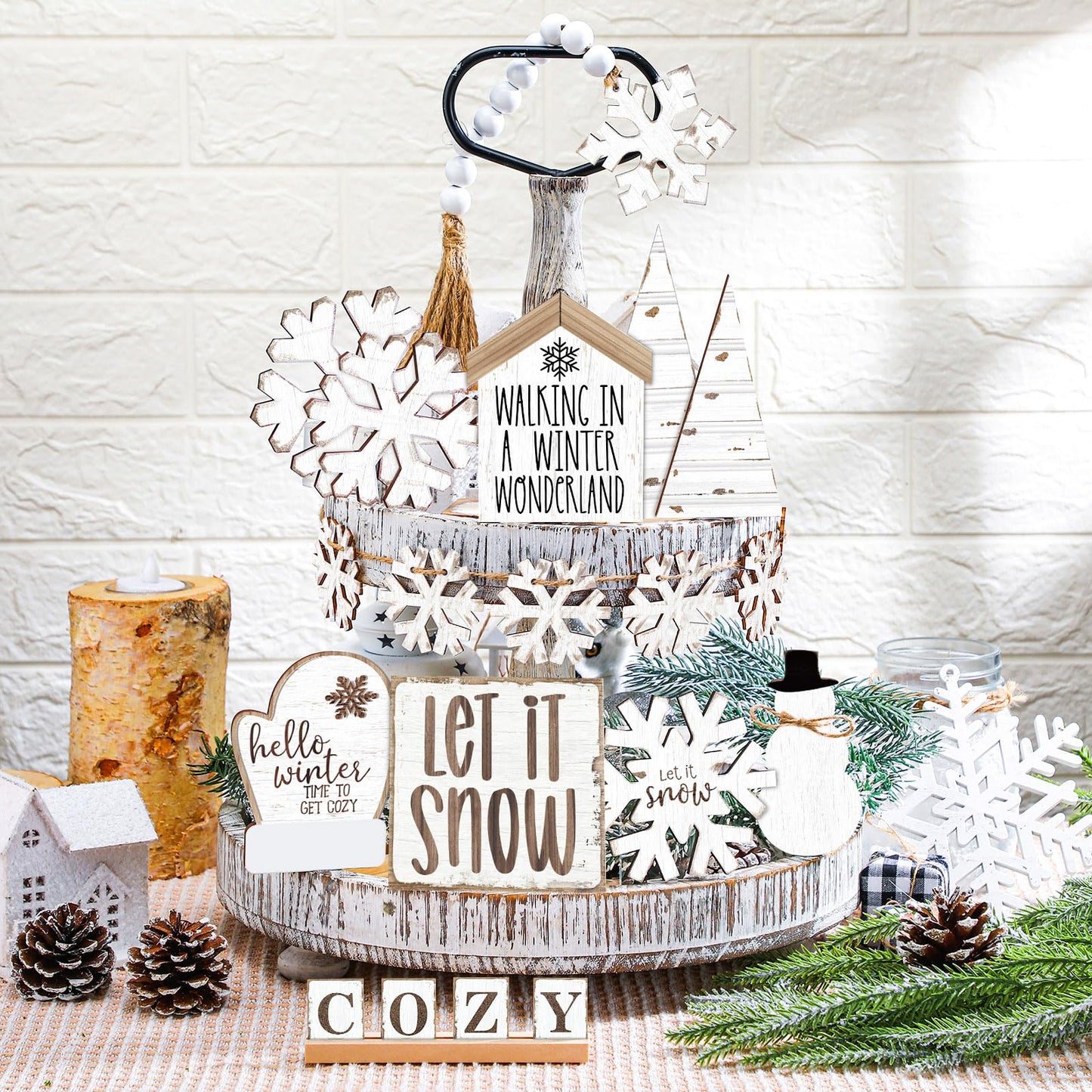 GlikCeil 19 Pcs Winter Tiered Tray Decor Snowflakes Wood Rustic Decoration Tiered Sign Table Centerpieces Without Tray for Tabletop Shelf Winter Xmas Home Party Gifts(Rustic)