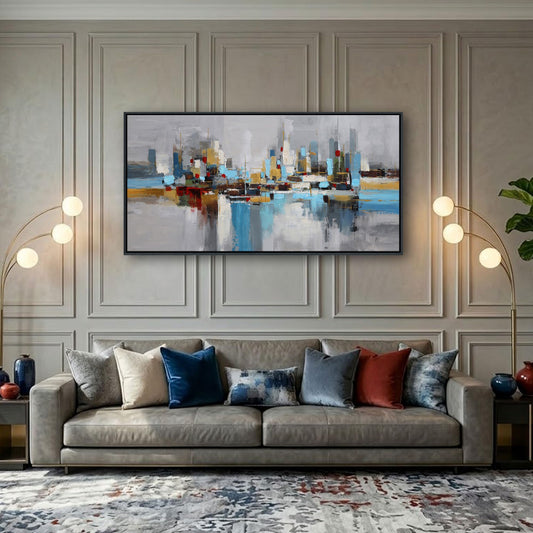 YCPRIMER Abstract City Skyline Canvas Wall Art - Modern Urban Painting Print with Blue Gold Accents,Wall Decor for Living Room Bedroom Office,Minimalist Decoration Artwork Framed Size 20×40 Inch