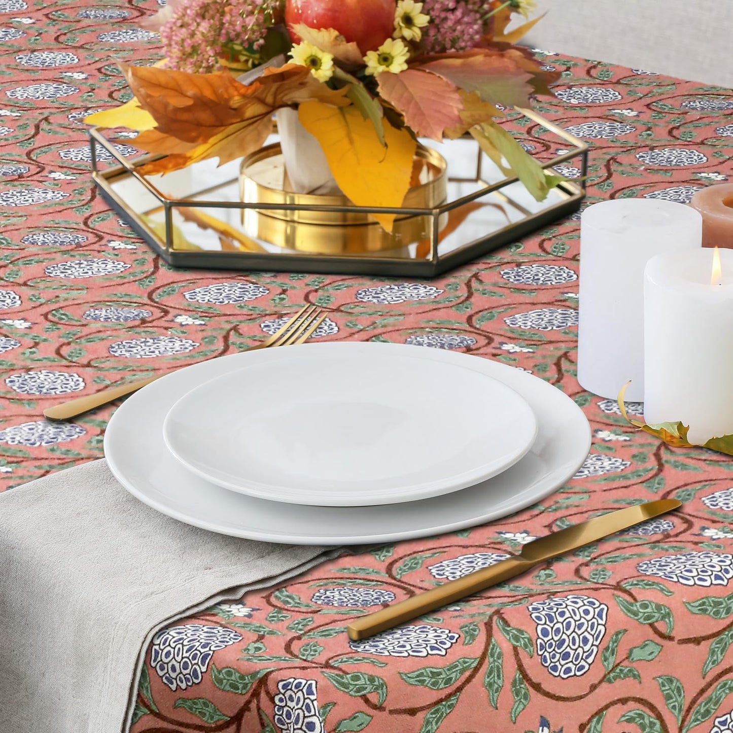Newtay 60'' x 90'' Hand Block Print Mahjong Table Cloth Square Cotton Floral Tablecloth Washable Print Rectangle Table Cover with Dust Proof for Kitchen Dining Party(60'' X 90'',Dark Salmon,Pink)
