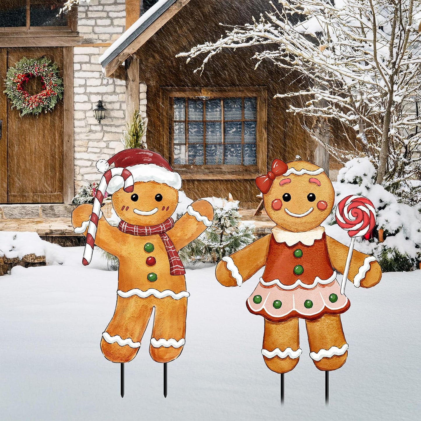 Christmas Decorations Outdoor, 2Pcs Gingerbread Man Metal Yard Signs with Stakes, Xmas Winter Signs for Garden House Lawn Pathway Patio Outside
