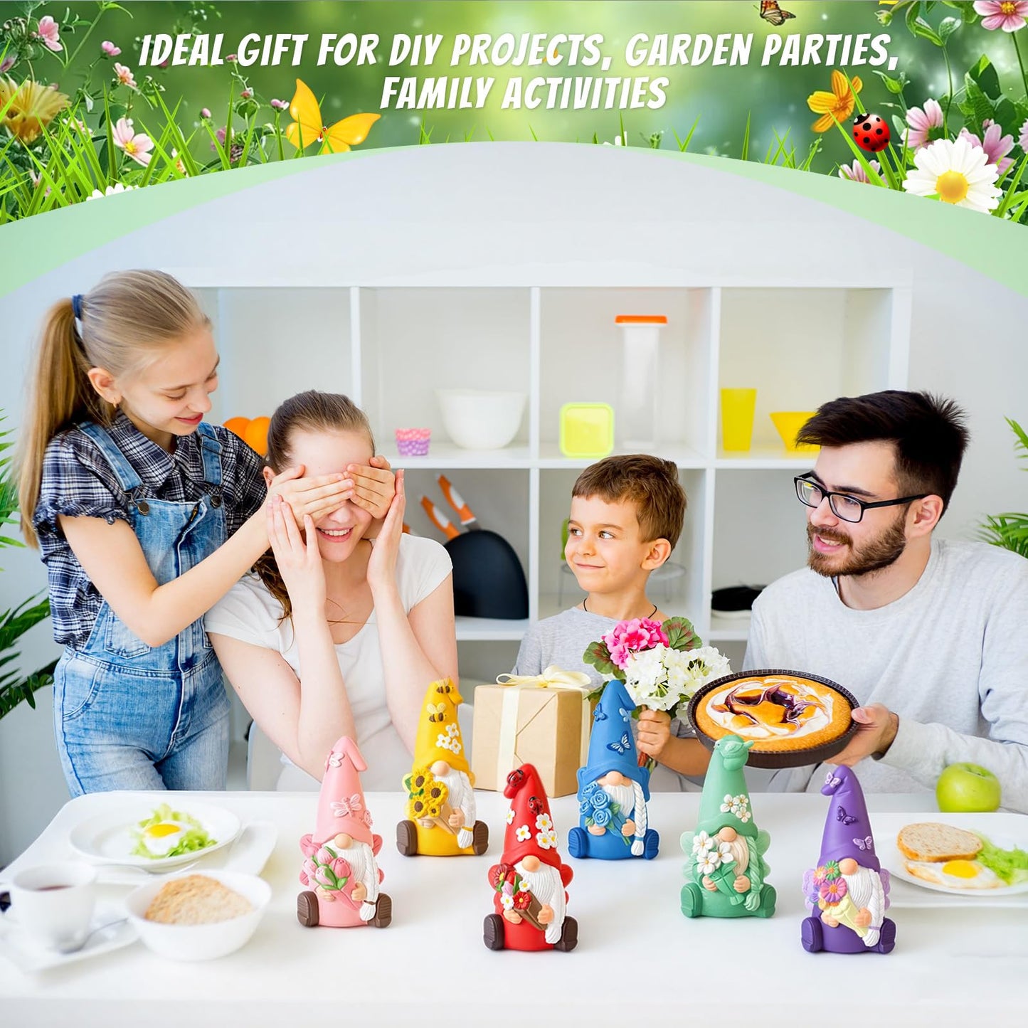 Arrowbash 6 Pcs Summer Ceramics to Paint Ready to Paint Your Own Gnome Statues 5.12 Inch Flowers Theme Paintable Figurines for Adults DIY Unpainted Ceramics Art Crafts with Brush Palette