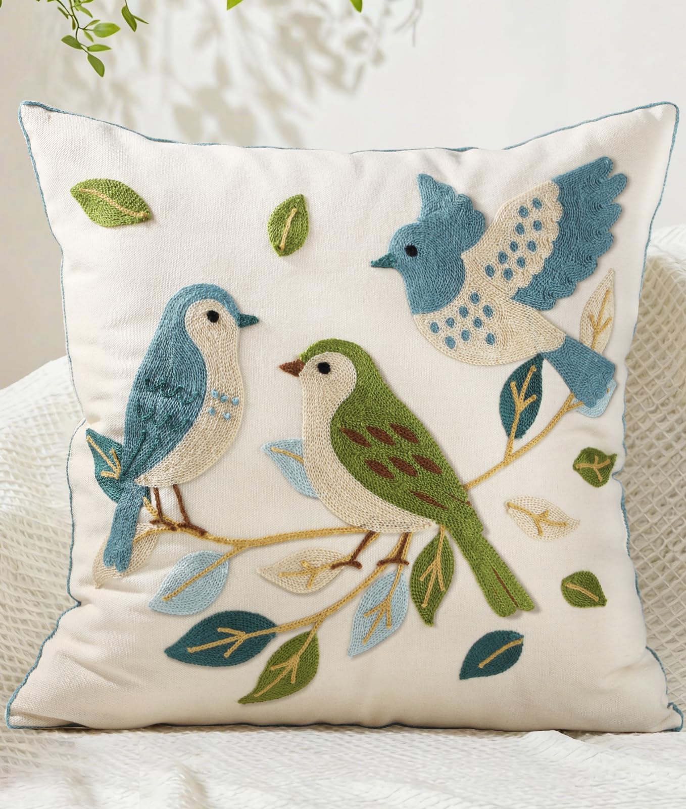 Kokaaee Embroidered Throw Pillow Cover 18x18 Inch - Spring Boho Decorative Pillow Covers with Zipper for Couch Sofa Bedroom Living Room Cushion Pillowcase, Birds Leaves