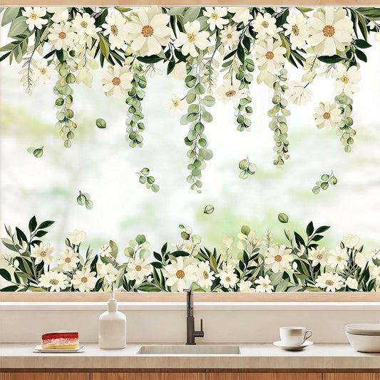 Daisy Spring Flowers Window Clings Eucalyptus Leaves Window Decals Hanging Vine Floral Leaf Double-Sided Reusable for Home School Office Decor Party Supplies,6 Sheets
