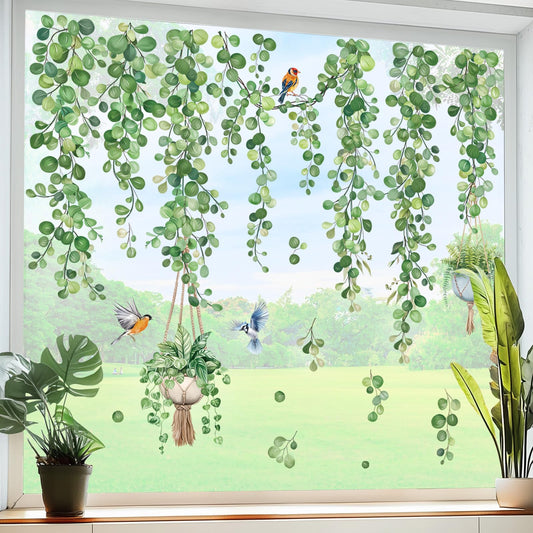 decalmile Spring Hanging Vine Double Sided Window Clings Green Leaves Plants Window Decals Anti-Collision Glass Window Doors Window Stickers