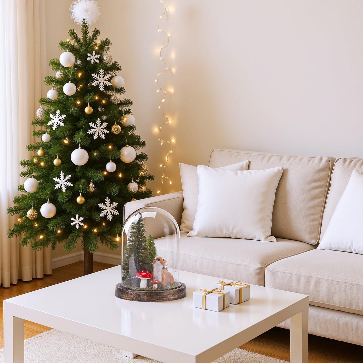 SunArtHome Christmas Decorations Indoor, Light Up Christmas Decor, Christmas Tree, Deer, Mushroom in Plastic Dome Cloche, Miniature Decor for Holiday Party Family Table Decoration