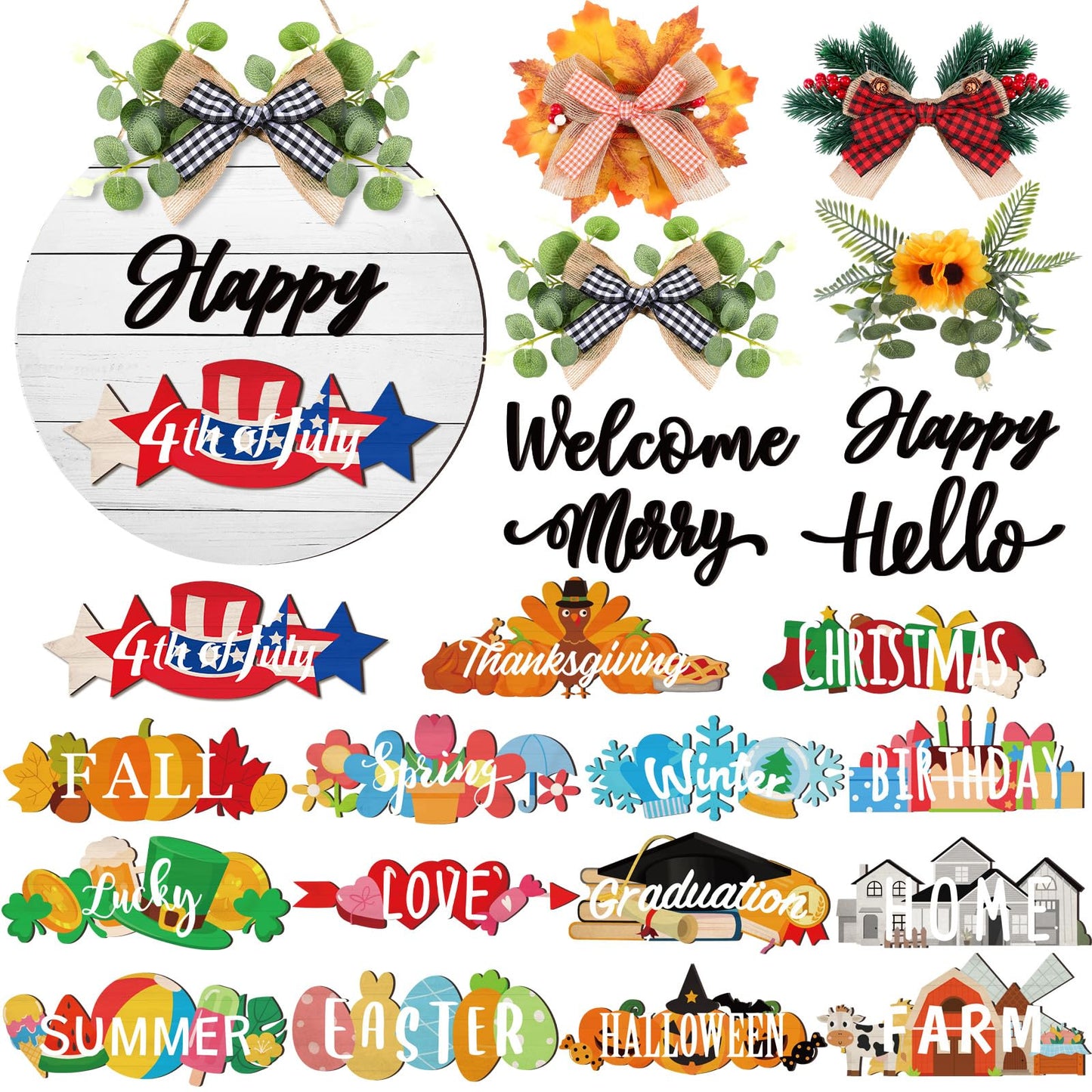 Burbell 21 Pcs Interchangeable Welcome Sign for All Holiday 4th of July Front Door Decor with 4 Bows, 4 Characters and 12 Changeable Icons Farmhouse Door Wall Wreath Home Decor Seasonal Wooden Sign