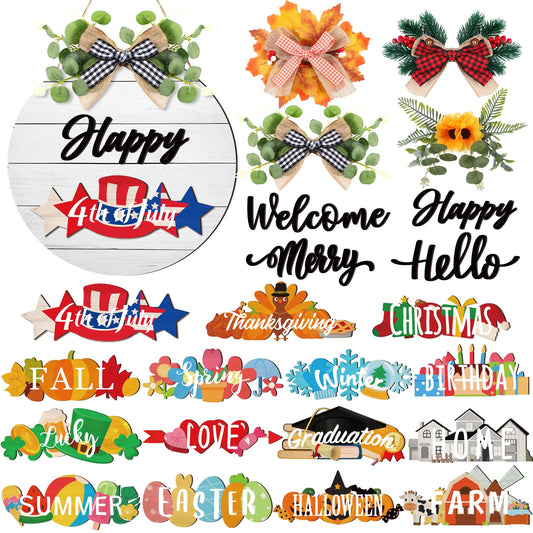 Burbell 21 Pcs Interchangeable Welcome Sign for All Holiday 4th of July Front Door Decor with 4 Bows, 4 Characters and 12 Changeable Icons Farmhouse Door Wall Wreath Home Decor Seasonal Wooden Sign