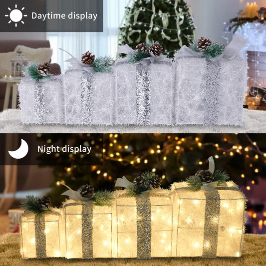 COVFEVER Set of 4 Christmas Lighted Gift Boxes, Pre-lit Light up Present Set with Different Sizes for Holiday Indoor Outdoor Decorations - Battery Operated(Warm White)