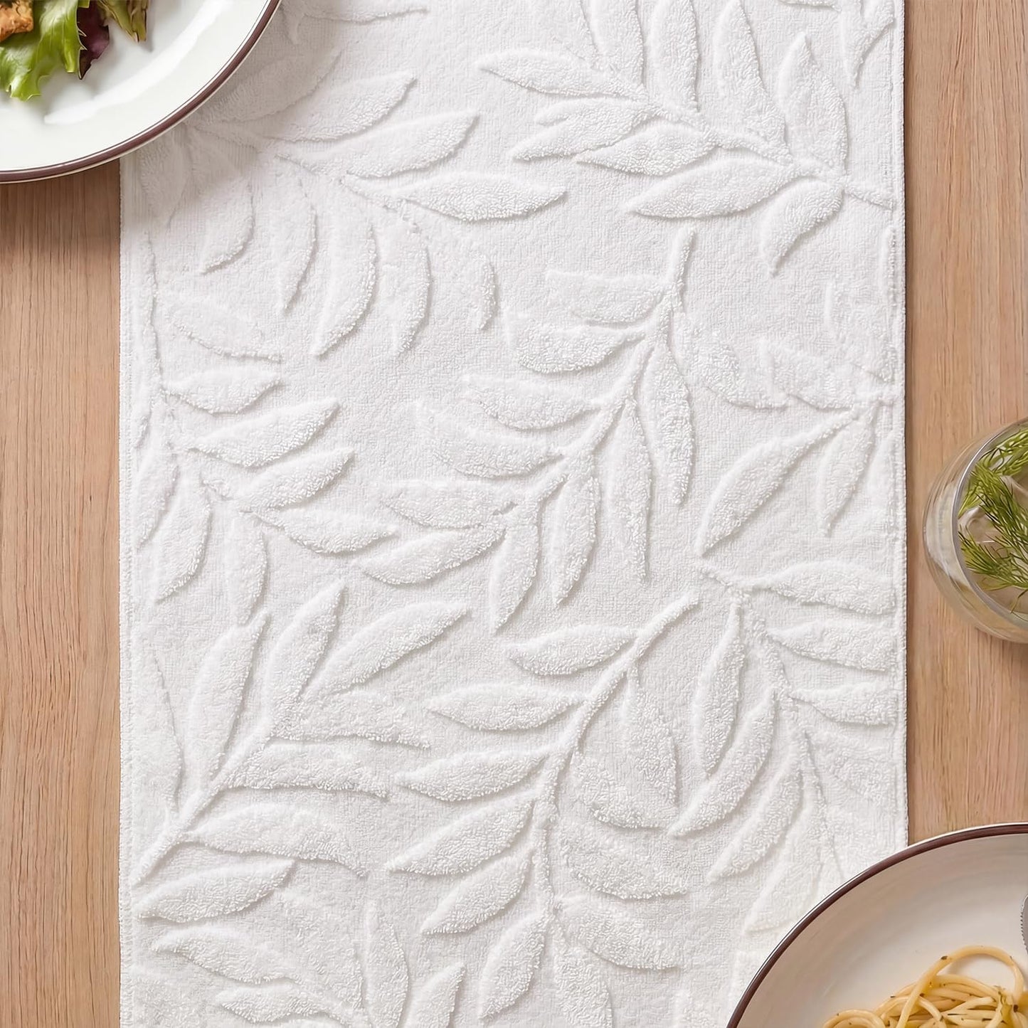 Artoid Mode White Soft Cotton Jacquard Leaves Spring Table Runner, Holiday Kitchen Dining Table Decoration for Home Party Decor 13x72 Inch