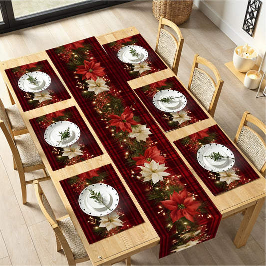 Christmas Table Runners and Placemats Set of 6, Red Plaid with Poinsettia & Floral Design, Perfect for Holiday Dining, 7-Piece Christmas Table Decoration