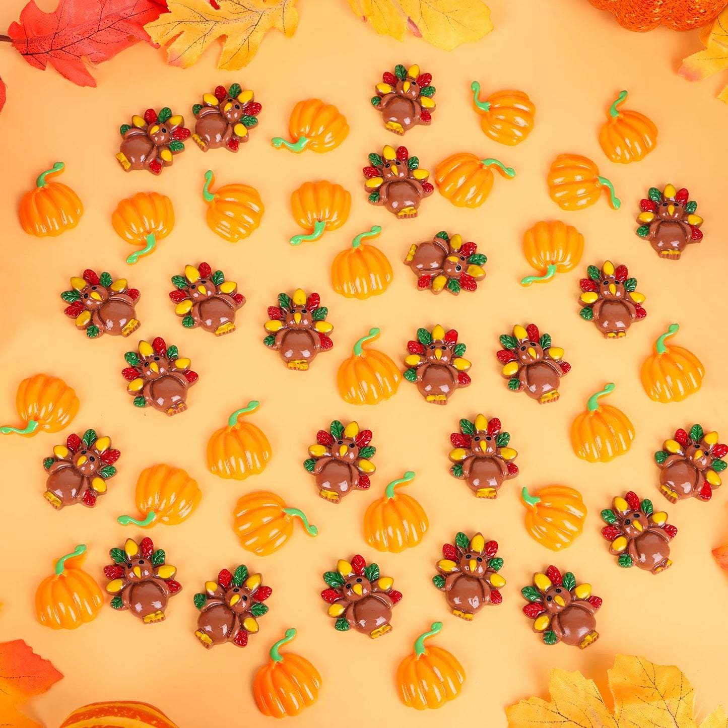 FOIMAS Thankgiving Resin Flatback Charms,50pcs Pumpkin Turkey Embellishment Resin Miniatures for Fall Thanksgiving Ornament Decoration Supply