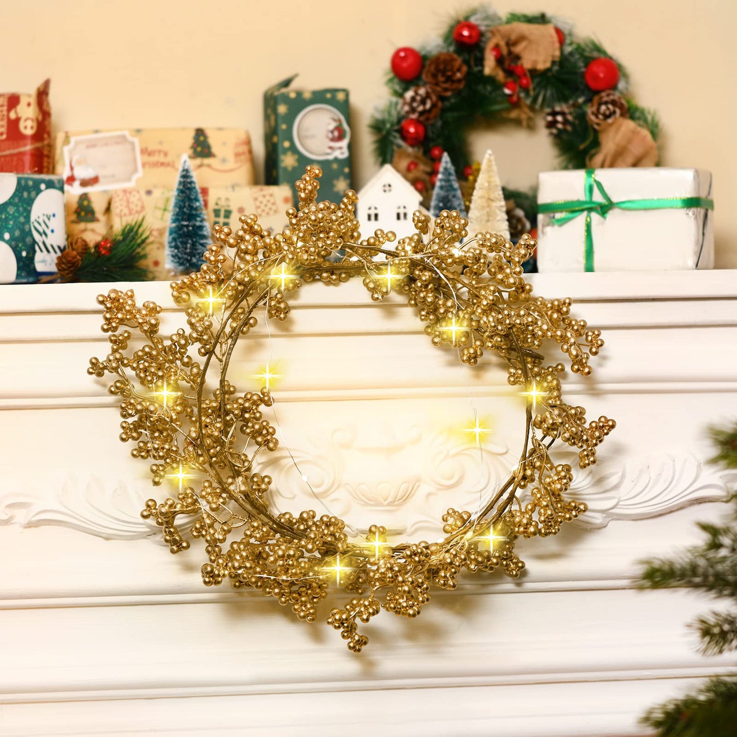 Syhood Christmas Berry String Garland with Lights Thanksgiving Artificial Lighted Garland for Xmas Winter Tree Decor Home Office Fireplace Mantel Decoration Holiday Valentines, 6 ft(Gold,1 Pc)