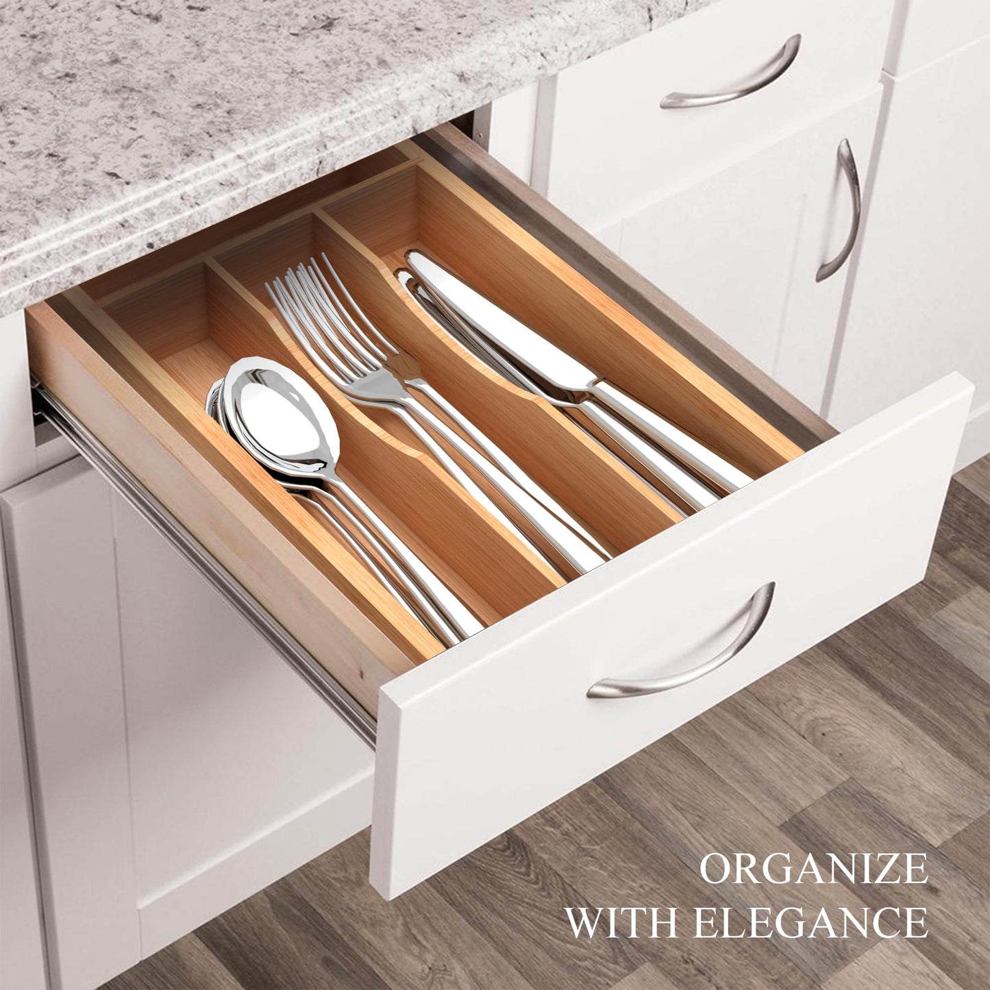 BEKVEM Small Silverware Organizer, Bamboo Kitchen Drawer Organizer, Utensil Holder, Cutlery Tray & Spoon Flatware Storage with Grooved Drawer Dividers (6.7''W x 12''D)