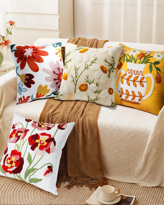 Kokaaee Embroidered Throw Pillow Cover - 18x18 Decorative Pillow Cover with Zipper Aesthetic Cute Design Boho Spring Summer Cozy Throw Pillowcase for Living Room Couch Sofa Bed, Artistic Flowers