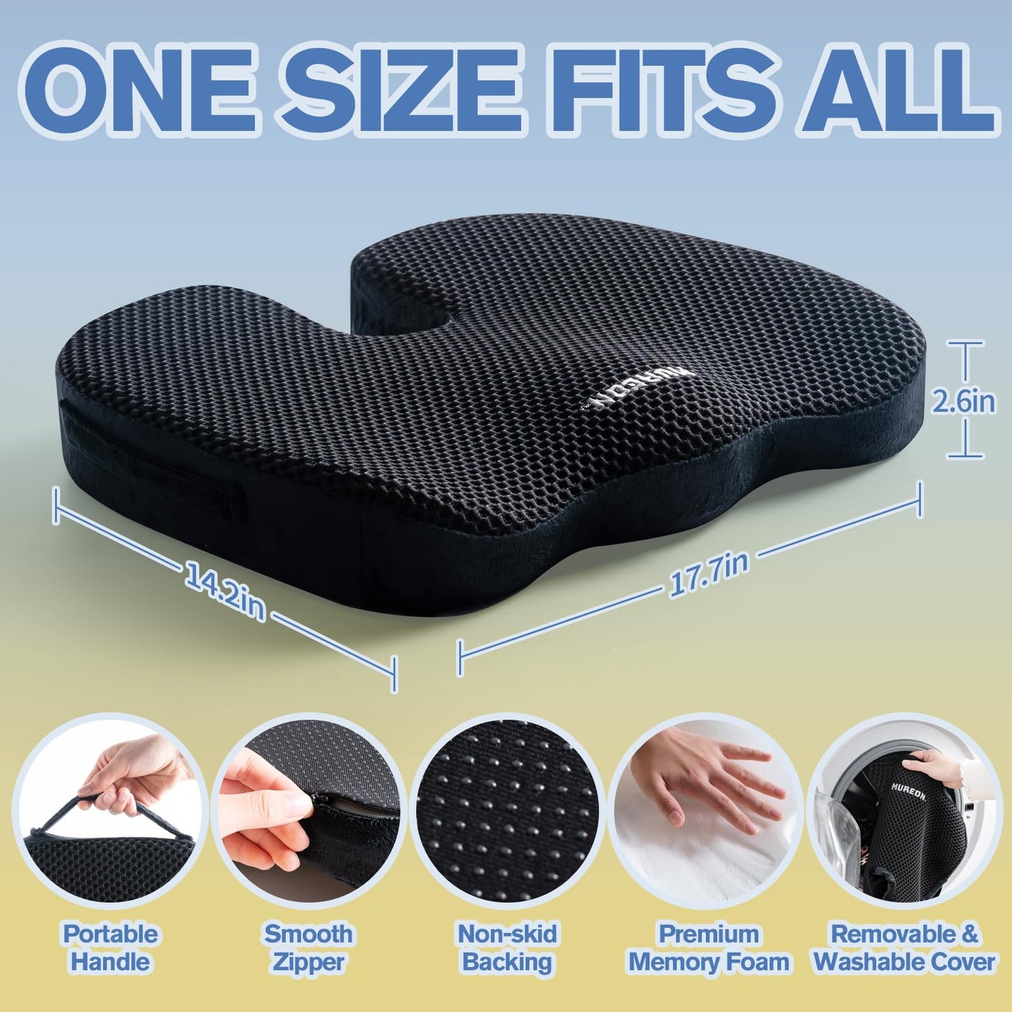 Mureon Seat Cushion for Office Chairs, Large Memory Foam Cushion for Car, Pressure Relief Ergonomic Chair Cushion with Non-Slip Cover for Soft Support for Hip All Day Comfort - Black