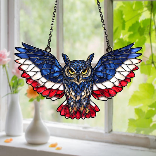American Flag Owl Suncatcher Acrylic Suncatcher Window Hanging Ornament Patriotic Owl Decor for Home, Garden, Office 4th of July Gifts Bird Ornament for USA Lovers, Veterans, Nature Fans