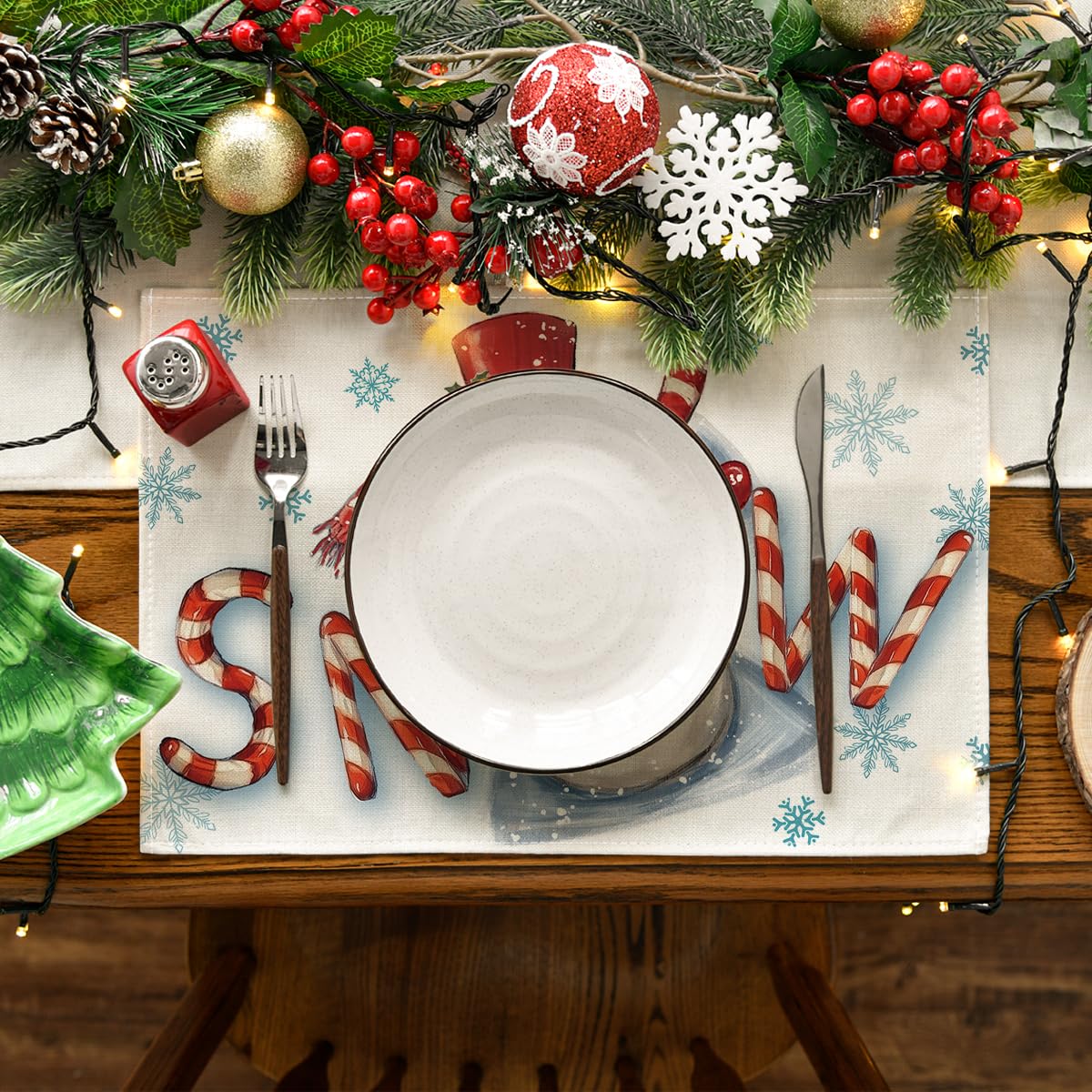 Artoid Mode Red Snow Snowman Winter Placemats Set of 4, 12x18 Inch Seasonal Holiday Christmas Place Mats for Party Dining Table