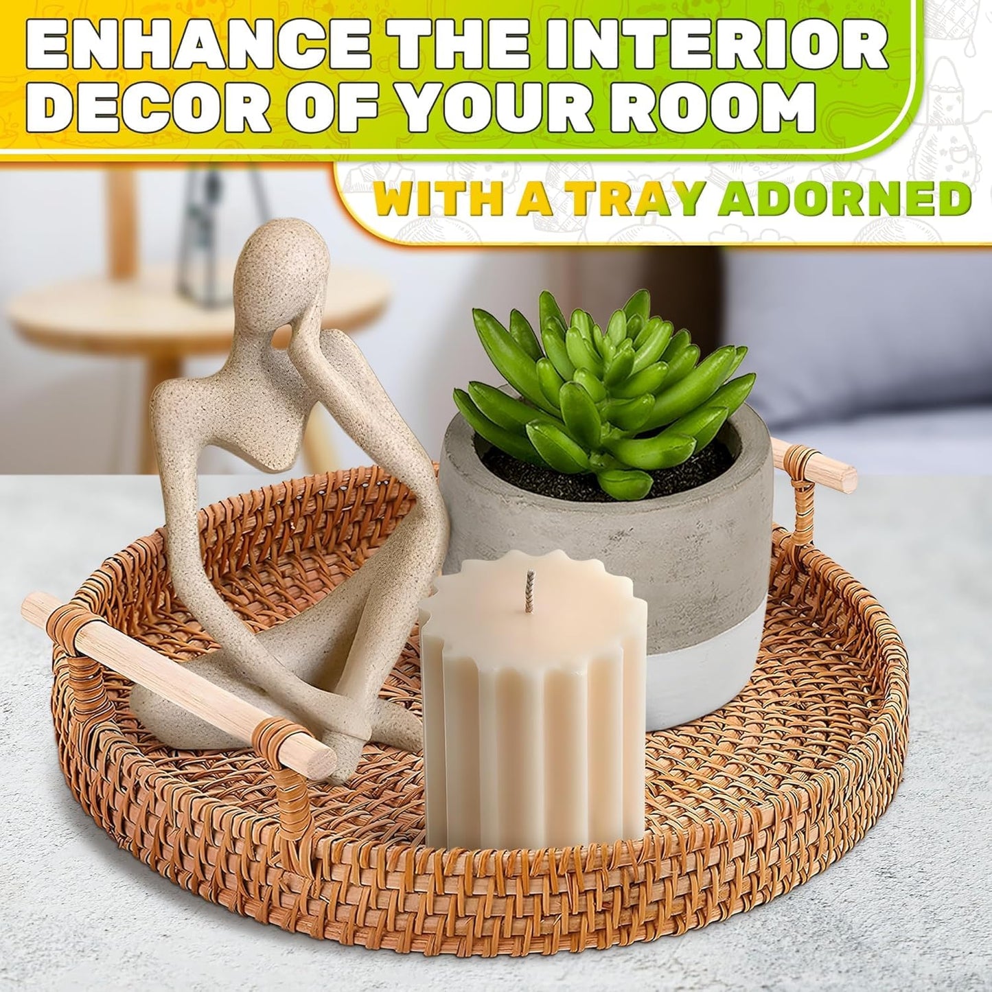 Rattan Tray 8.7-Inch Round – Woven Serving Basket with Handles – Holidays Romantic Decorative Tray for Coffee Table, Bread, Fruit, Vegetables, Restaurant & Home Use Charming Styling Coffee Table Decor