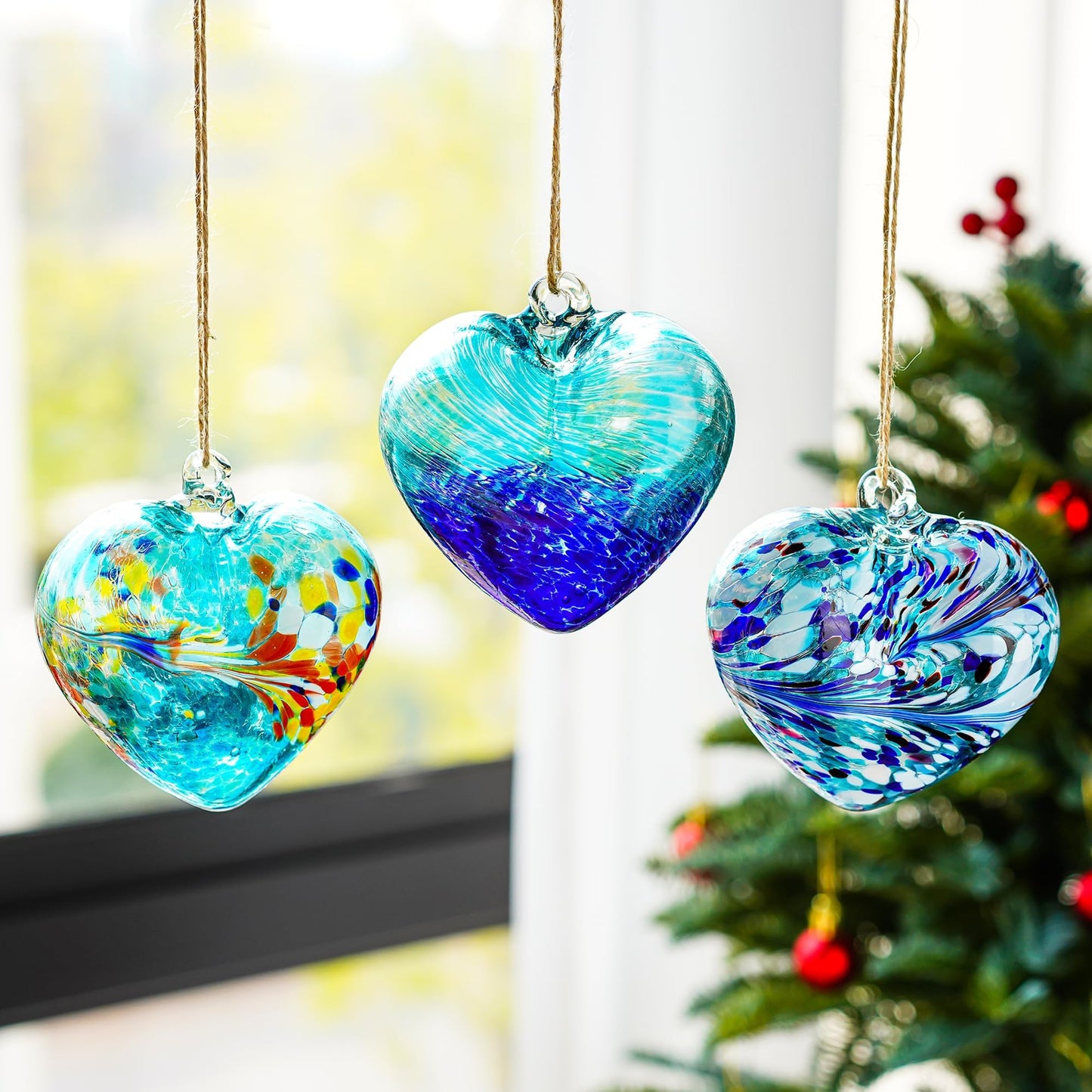Set of 3 Handmade Glass Heart Ornaments 3.9 Inch Blue Friendship Heart Decor for Garden Home Centerpiece Gifts for Women