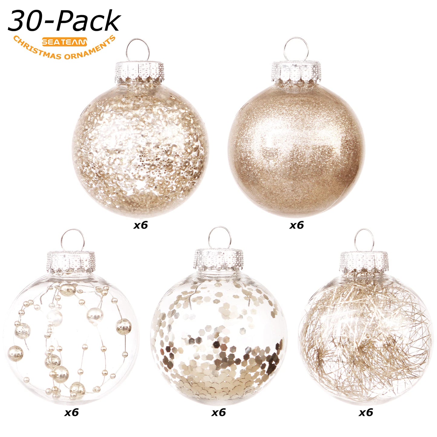 Sea Team 60mm/2.36" Shatterproof Clear Plastic Christmas Tree Ball Ornaments Set, Decorative Hanging Transparent Xmas Baubles with Stuffed Delicate Decorations (30 Counts , Champagne)