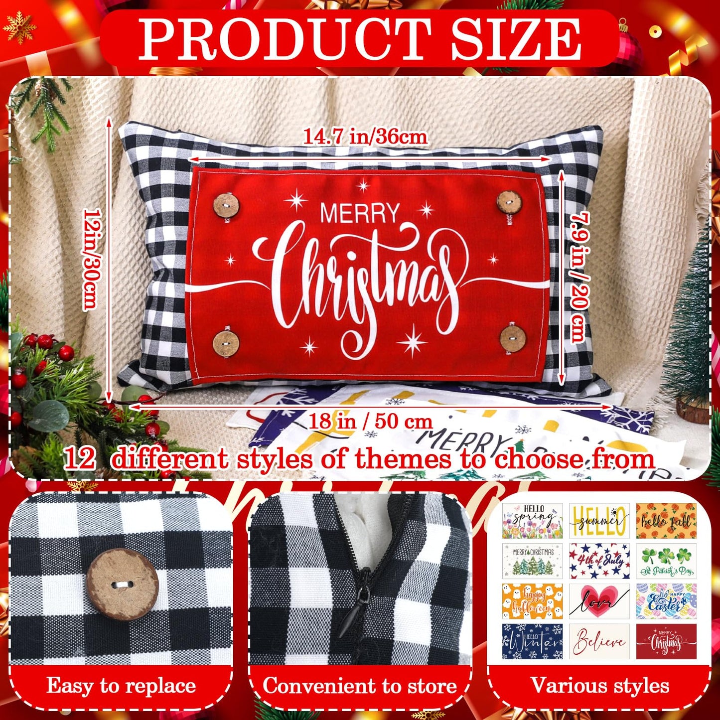 Hahafelt Seasonal Holiday Throw Pillow Cover with 12 Interchangeable Pillow Panels 250th Anniversary 4th of July Pillowcase Summer Rectangle Canva Lumbar for Home Decoration(Black and White Checkered)