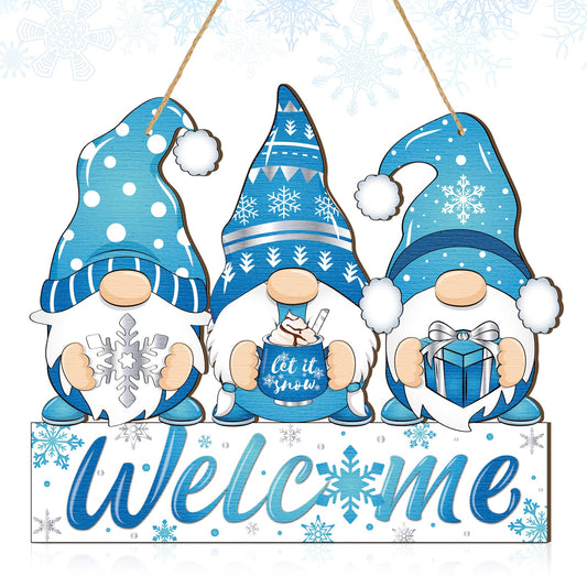 Panelee Winter Welcome Door Sign Gnome Hanging Decoration Let It Snow Wooden Gnome Sign Blue Snowflake Door Hanger with Rope Hanging Decoration for Front Porch Home Winter