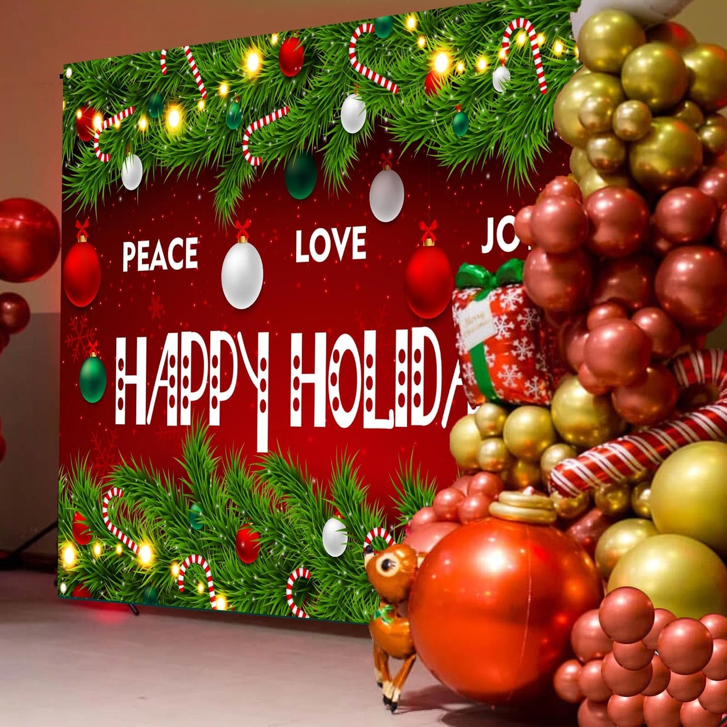 Happy Holidays Celebrate Backdrop Banner Peace Love Joy Happy Holidays Wall Hanging Decor Red Glittering Xmas Winter Holiday Party Photo Photography Prop Booth Background 70.9x47.2in-BECKTEN
