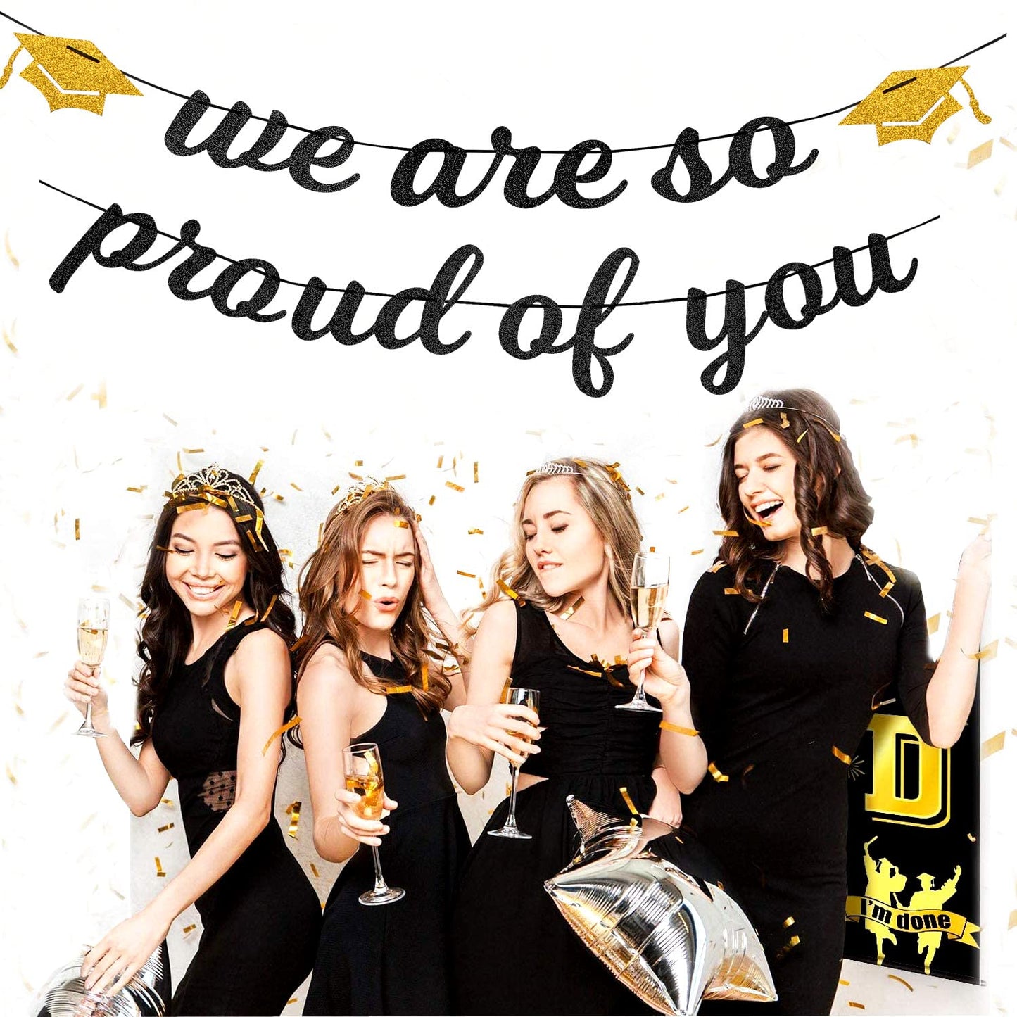 Black White-Gold Party-Decoration Graduation Banner - 8pcs Kits Cap Garland Streamers, Paper Tissue Pom Poms Flowers,We are So Proud of You Grad Graduation 2025 Decor Lasting Surprise