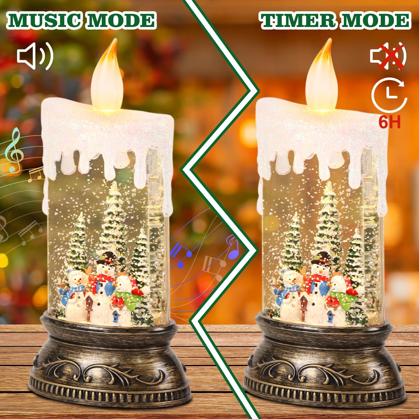 Eldnacele Christmas Music Snow Globe Lantern with 6H Timer Battery Operated & USB Powered Lighted Snowman Family Singing Snow Globe Candle Lamp Spinning Water Glitters Xmas Holiday Decor