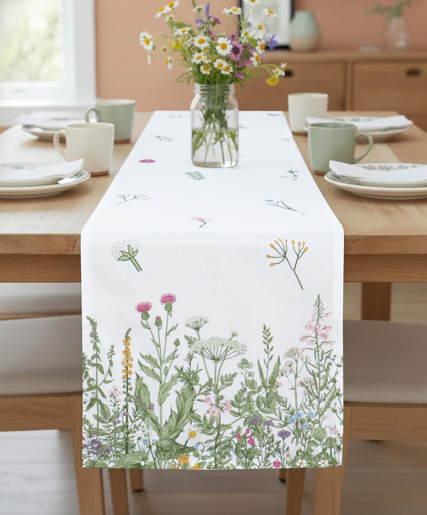 PurpleEssences Floral Table Runner - 100% Cotton - for Seasonal Formhouse Kitchen and Dining Table Decor - Spring Easter Summer - 14 x 72 Inches - Estee with Red Flowers