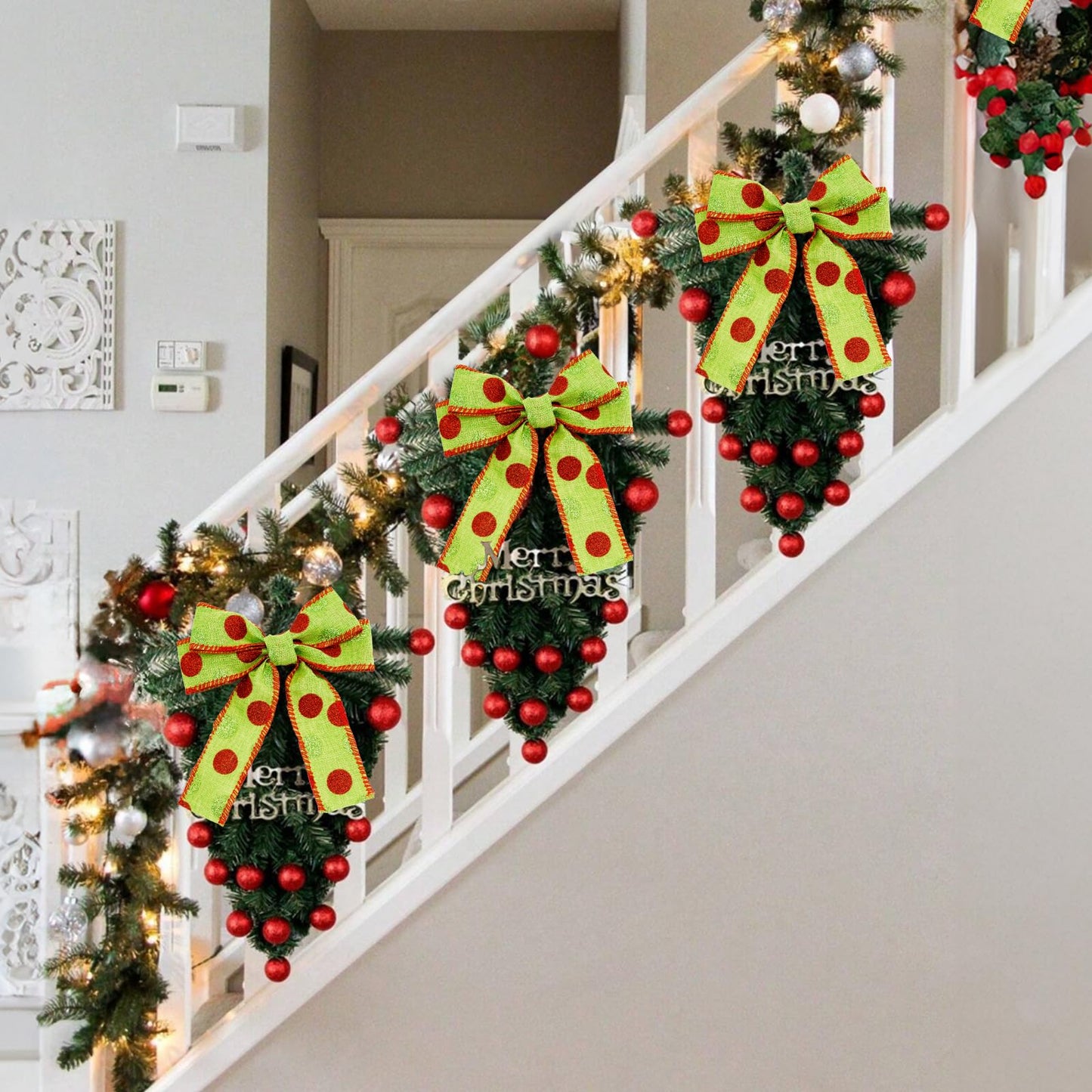 Christmas Wired Ribbon 22 Yards 1.5 Inch Christmas Red Green Dots Ribbon 2 Rolls Glitter Polka Dots Burlap Ribbon for Christmas Decoration, DIY Crafts (Green)