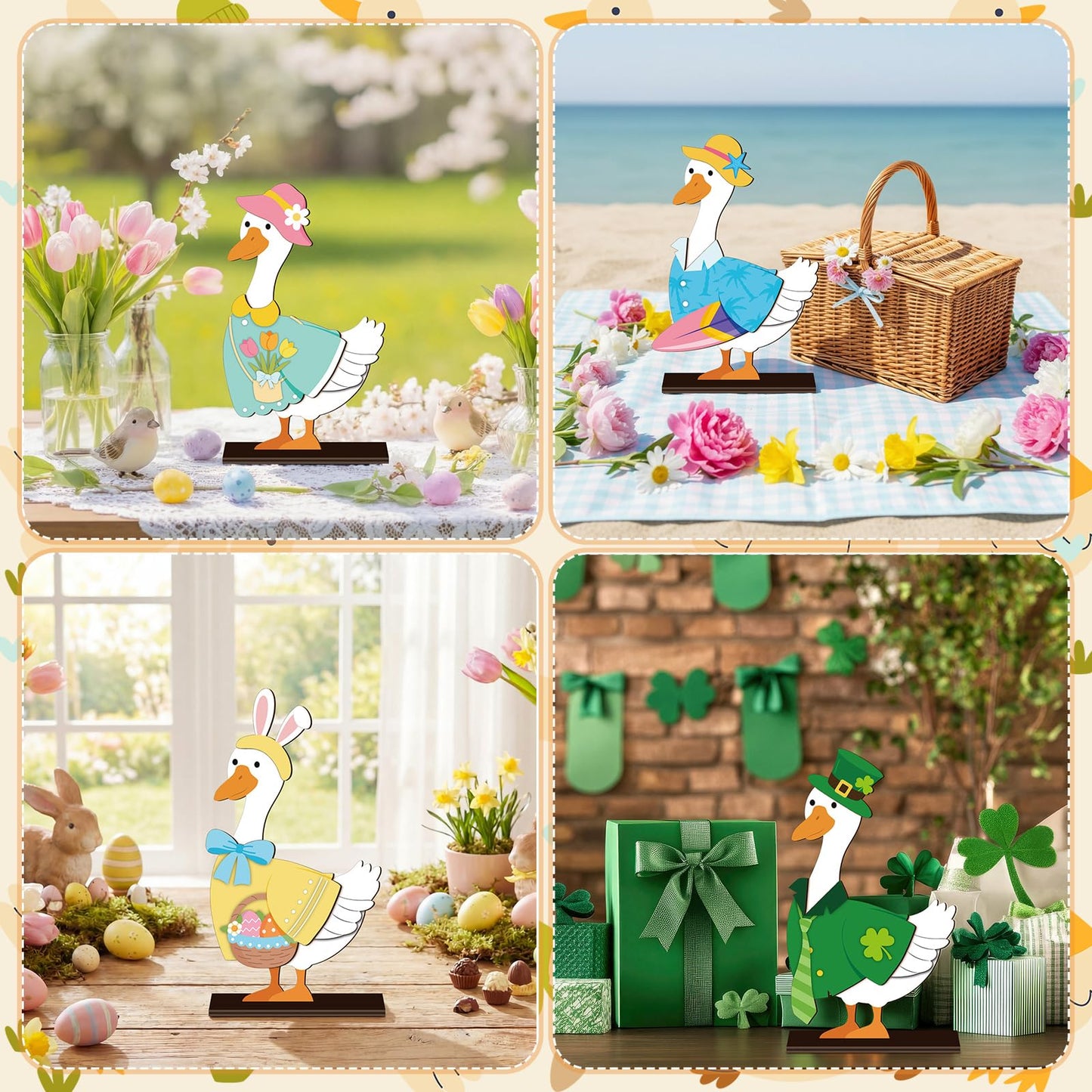 Menkxi 27 Pcs Interchangeable Seasonal Goose Table Decor Wooden Desk Goose Outfit Signs Farmhouse Table Centerpiece with Holiday Icon Rustic Spring Patriotic Memorial Day Spring Decor for Home Office