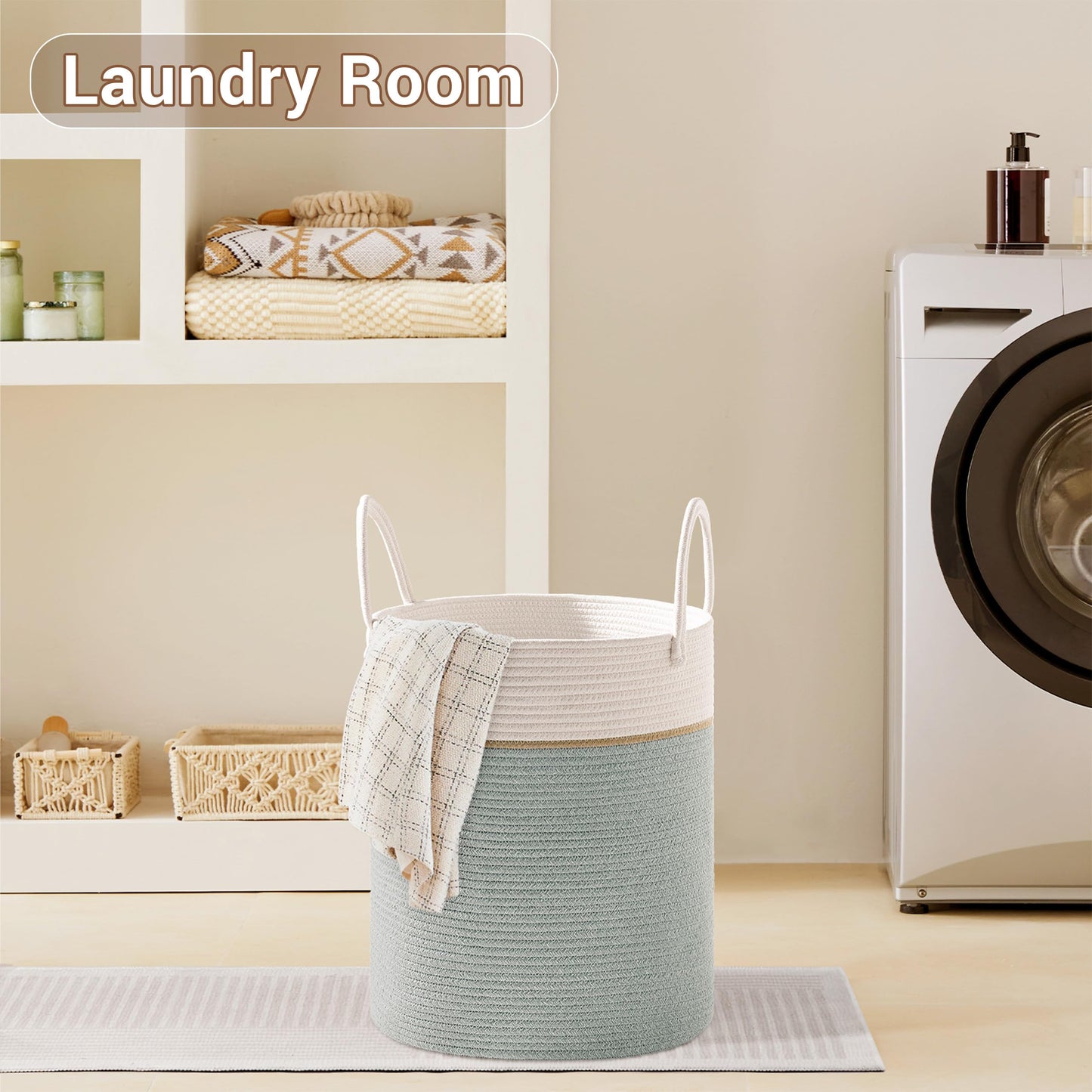 SunNewt Tall Laundry Basket with Handles, 72L Portable Dirty Clothes Hamper, Boho Cotton Rope Storage Bin for Blankets Kids Toys Gifts, Large Organizer for Baby Nursery Bedroom Bathroom, Sage Green