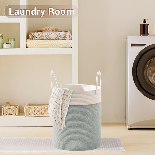 SunNewt Tall Laundry Basket with Handles, 72L Portable Dirty Clothes Hamper, Boho Cotton Rope Storage Bin for Blankets Kids Toys Gifts, Large Organizer for Baby Nursery Bedroom Bathroom, Sage Green