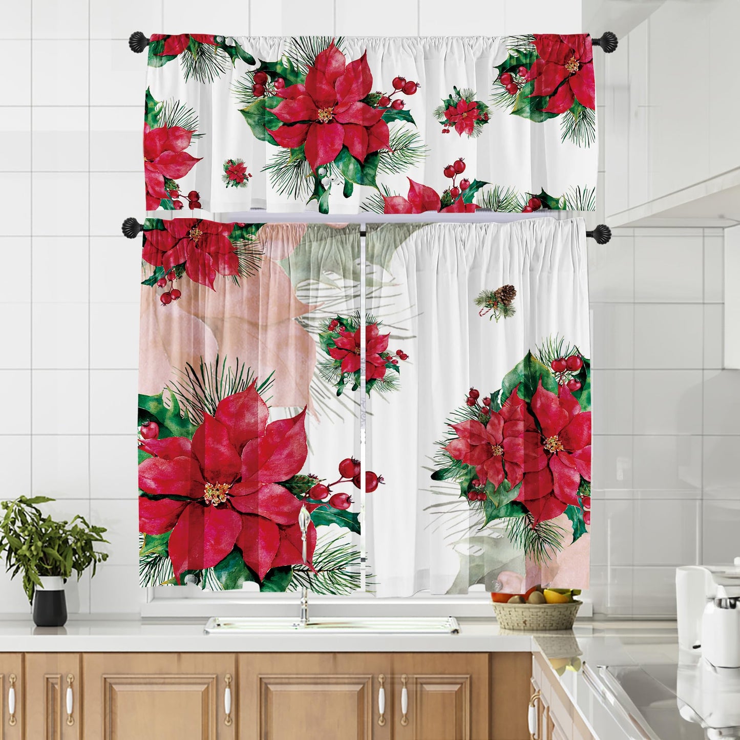 Deztibos Christmas Poinsettia Curtain Valances Set - Upper & Lower Curtains, 52'' L x 18'' W & 36'' L x 26'' W, Kitchen Windows Decor, 3 Piece Set, Red
