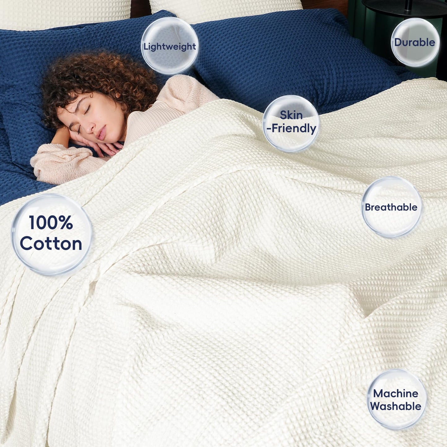 PHF Pre-Washed Cotton Waffle Weave Blanket Throw Size for Couch Bed,Snag Proof Spring Summer Lightweight Breathable,Oeko-TEX Certified,Machine Washable, Home Decor Gift，Cream