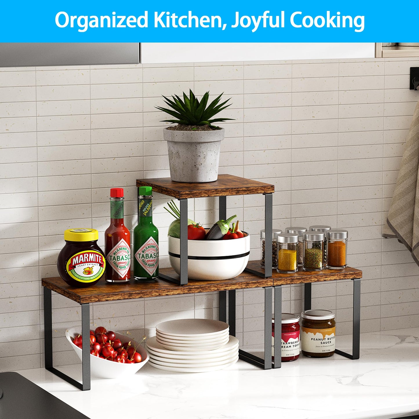Golener Countertop Organizer Corner Shelf, 2 Tier Adjustable Stackable Corner Shelves for Kitchen, Bathroom, Spice Rack, Coffee Area, Cabinet, Dresser Table, Corner Counter Shelf Stand, Rustic Brown