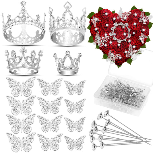 cridoz Flower Bouquet Accessories Including 4 Pcs Silver Crowns, 12 Pcs Butterfly Decorations and 50 Pcs Flower Pins for Flower Bouquets and Cake Topper Decoration