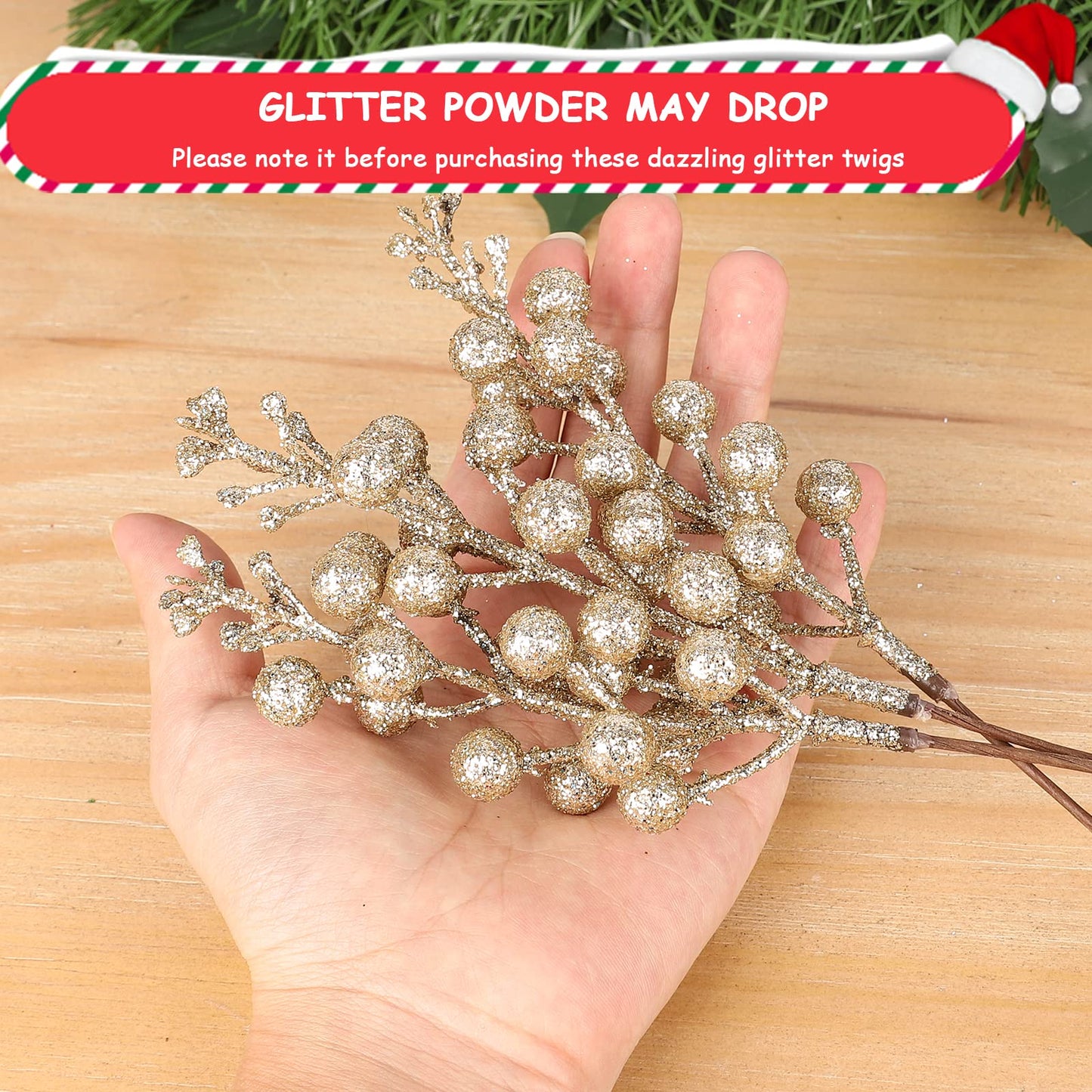 HOHOTIME 36Pcs Christmas Glitter Berries Stems, 9.5 Inch Artificial Christmas Tree Picks for Christmas Tree Decorations Ornaments DIY Crafts Vases Holiday Wedding Home Xmas Decor(Champagne)