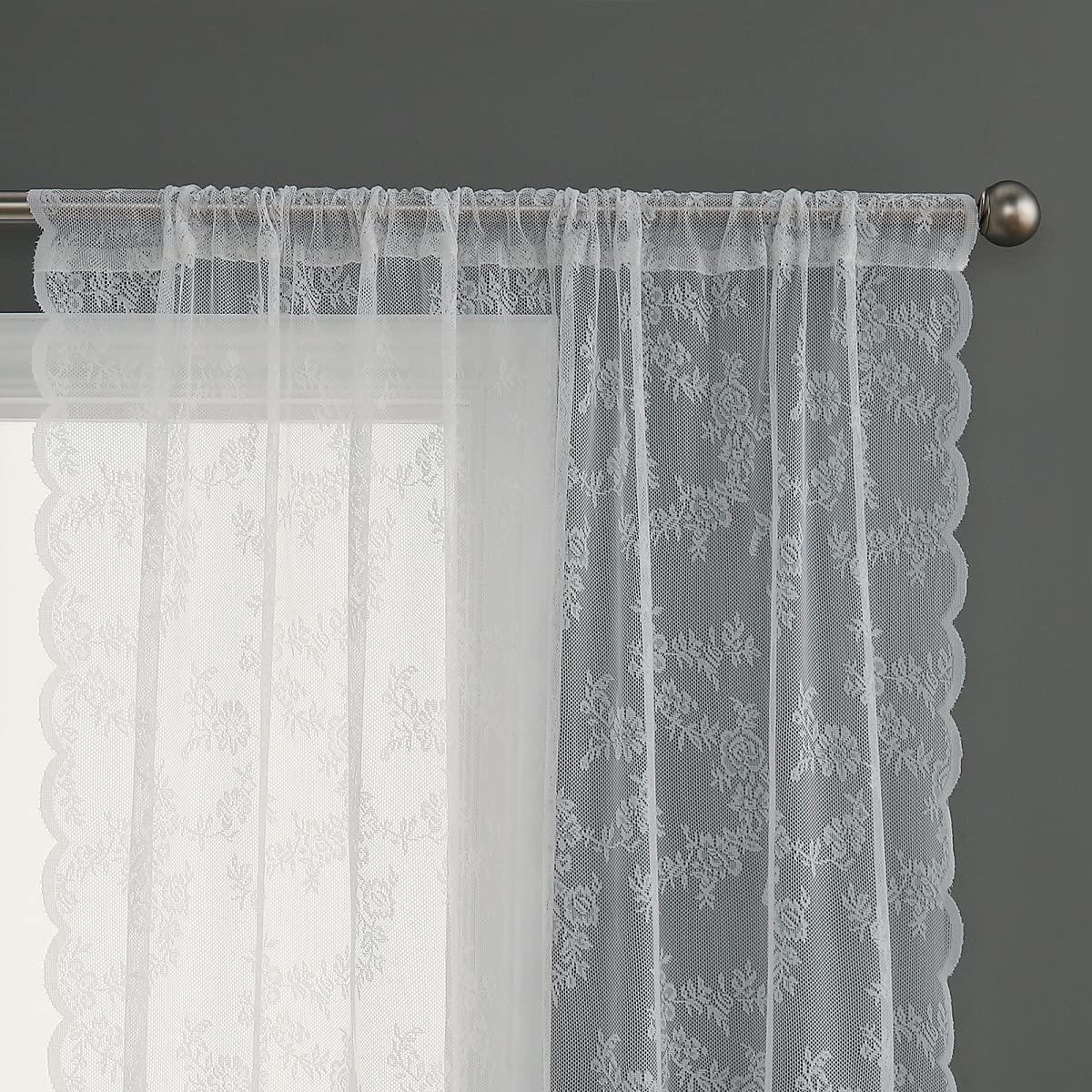 Beruyu White Lace Curtains 90 Inches Long - Floral Embroidered Lace Sheer Curtains for Living Room Bedroom Kitchen, Rod Pocket Window Voile Curtains with Curtain Tiebacks, 2 Panels (59" W X 90" L)