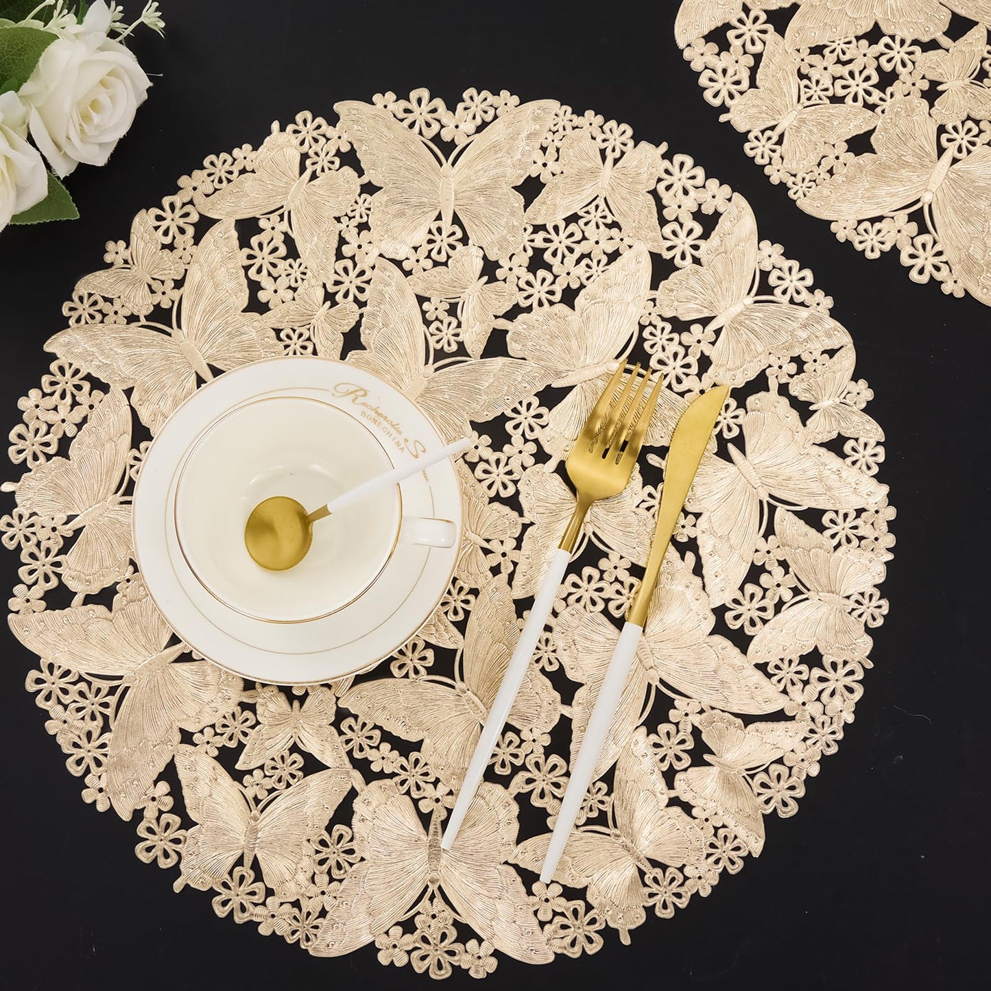Gold Round Placemats Set of 6 Metallic Pressed Vinyl Butterflies Flower Place Mats for Dinner Table Setting Decor Holiday Wedding Accent Centerpiece Table Mats