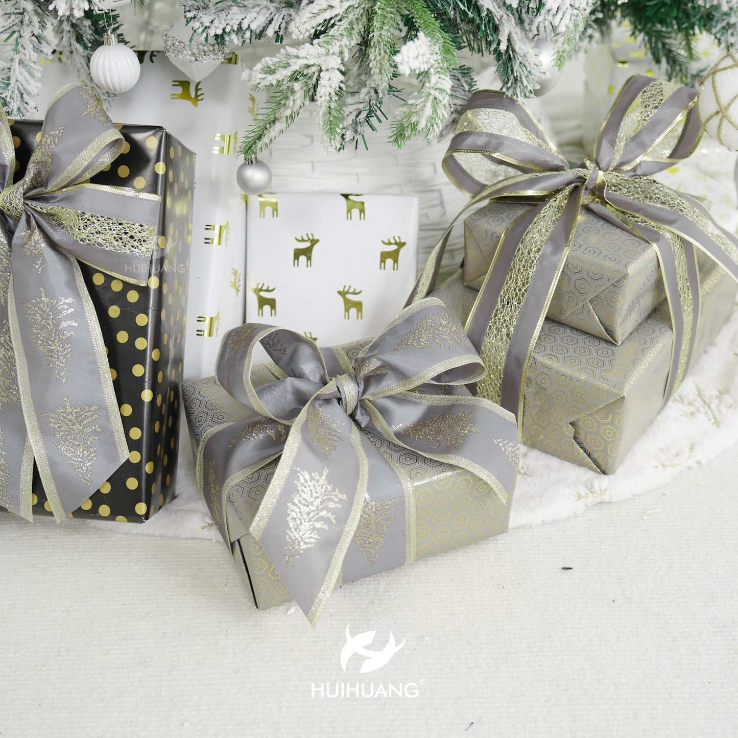 HUIHUANG Gray Satin Wired Christmas Ribbon with Champagne Glitter Trees, 2.5 Inch Wide x 10 Yards (30 Feet) for Christmas Decorations, Garlands, Wreaths, Bows Making, Crafts, Home Decor