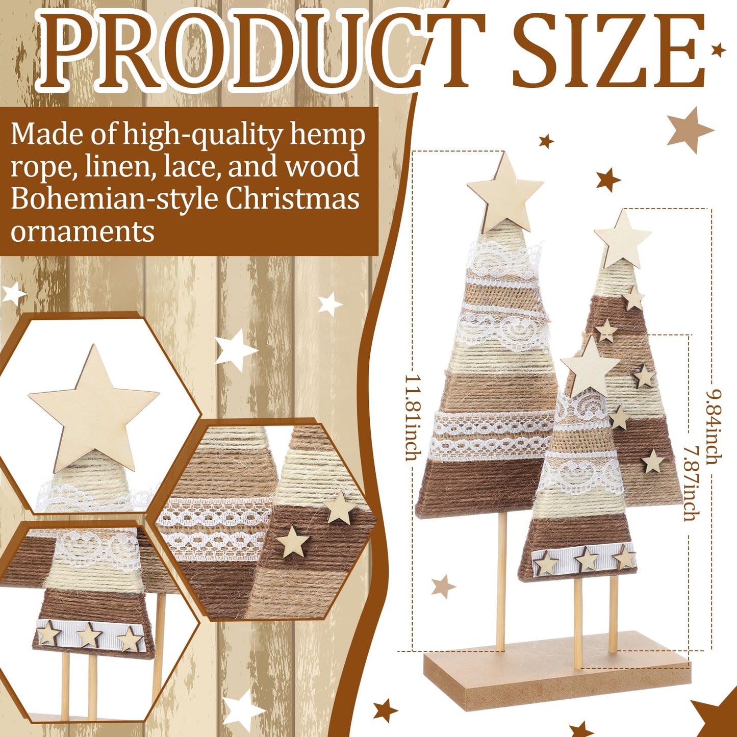 Cinnvoice Farmhouse Wooden Christmas Trees Tabletop Decorations Boho Christmas Tabletop Decor Rustic Wood Xmas Trees Hemp Rope Centerpieces Table Signs Home Decor for Shelf Windowsill