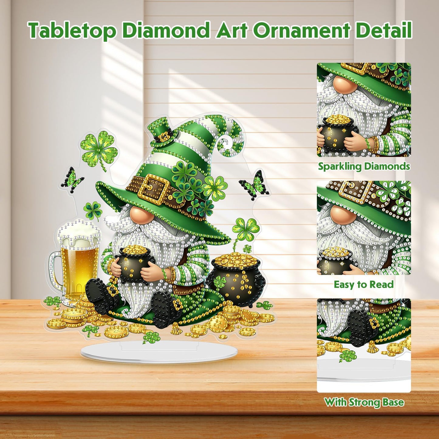 MEIYUDA St. Patrick's Day Diamond Art Tabletop Kits, Beer Gnome Diamond Art Painting Desktop Ornaments for Adult, DIY Special Shaped Crystal Desk Placement Ornament for Home Decor