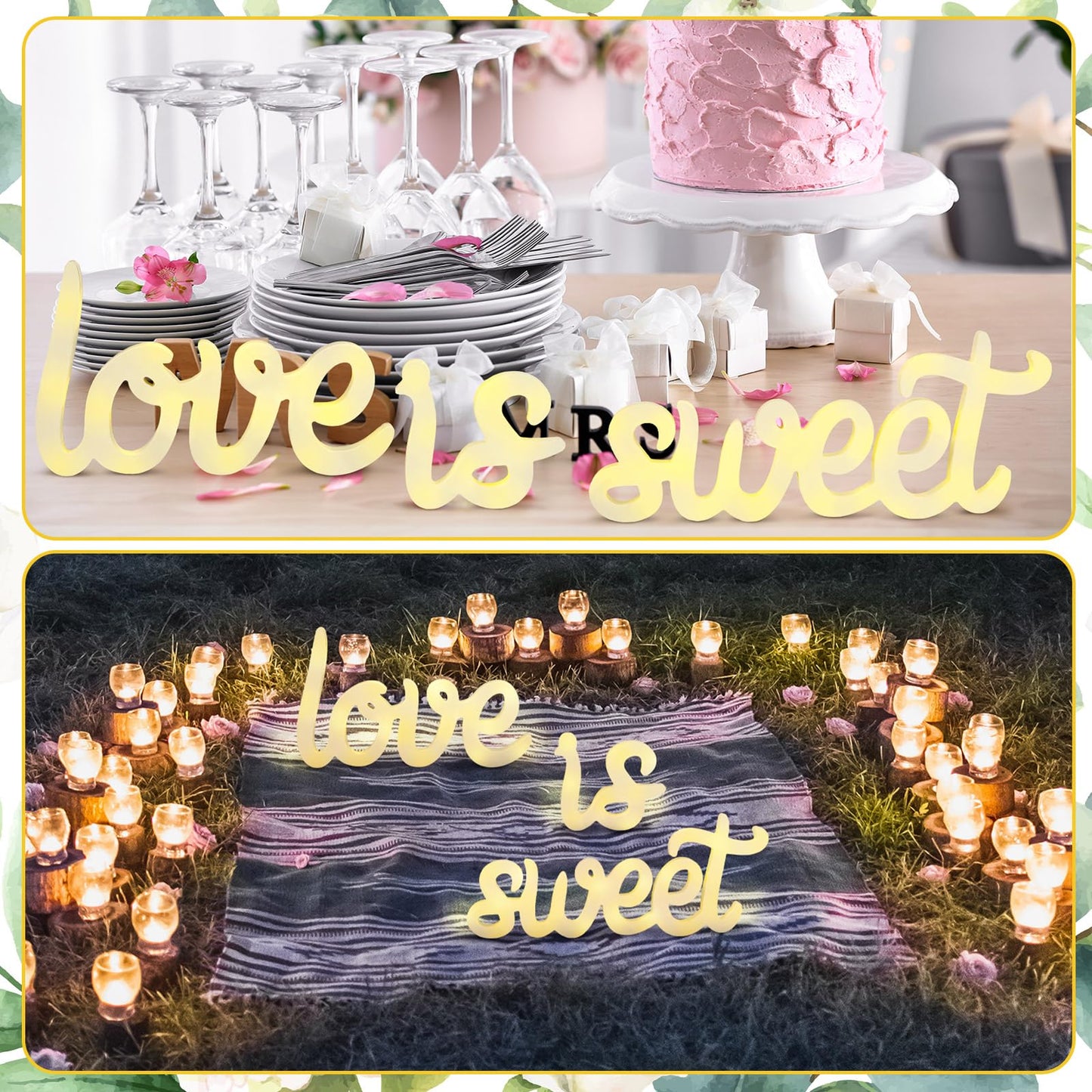 Glooglitter 3 Pcs Love Is Sweet Table Decor Wooden Love Is Sweet Sign LED Hollow Sign for Dessert Freestanding Letter Shelf Rustic Wedding Bridal Shower Engagement Bachelorette Party Decor(Beige)