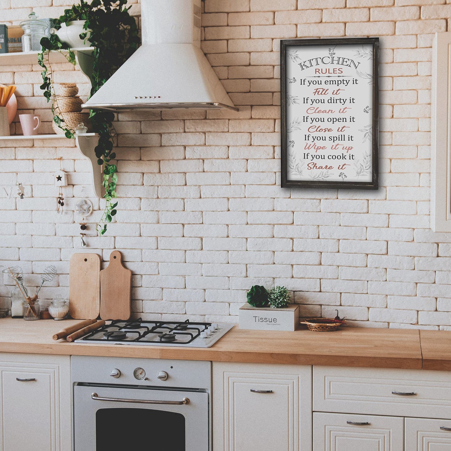 Buecasa Farmhouse Funny Kitchen Rules Sign - Rustic Country Wooden Frame Dinning Room Decorations 16x9.5 Inches Vertical