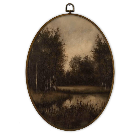 Gnmduw Vintage Moody Landscape Oval Wall Art Framed, Rustic Farmhouse Scene Canvas Prints Hanging Decorations, Antique Dark Scenery Wall Decor for Bedroom Living Room Bathroom, 8.7x11.3 Inch