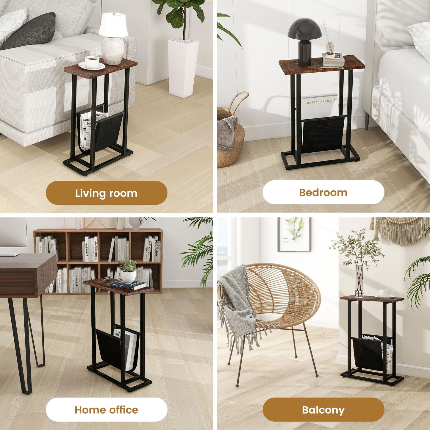 FLYJOE Narrow Side Table with PU Leather Magazine Holder Rustic Slim Little Thin Table for Living Room, Bedroom, Sofa, Rustic Brown
